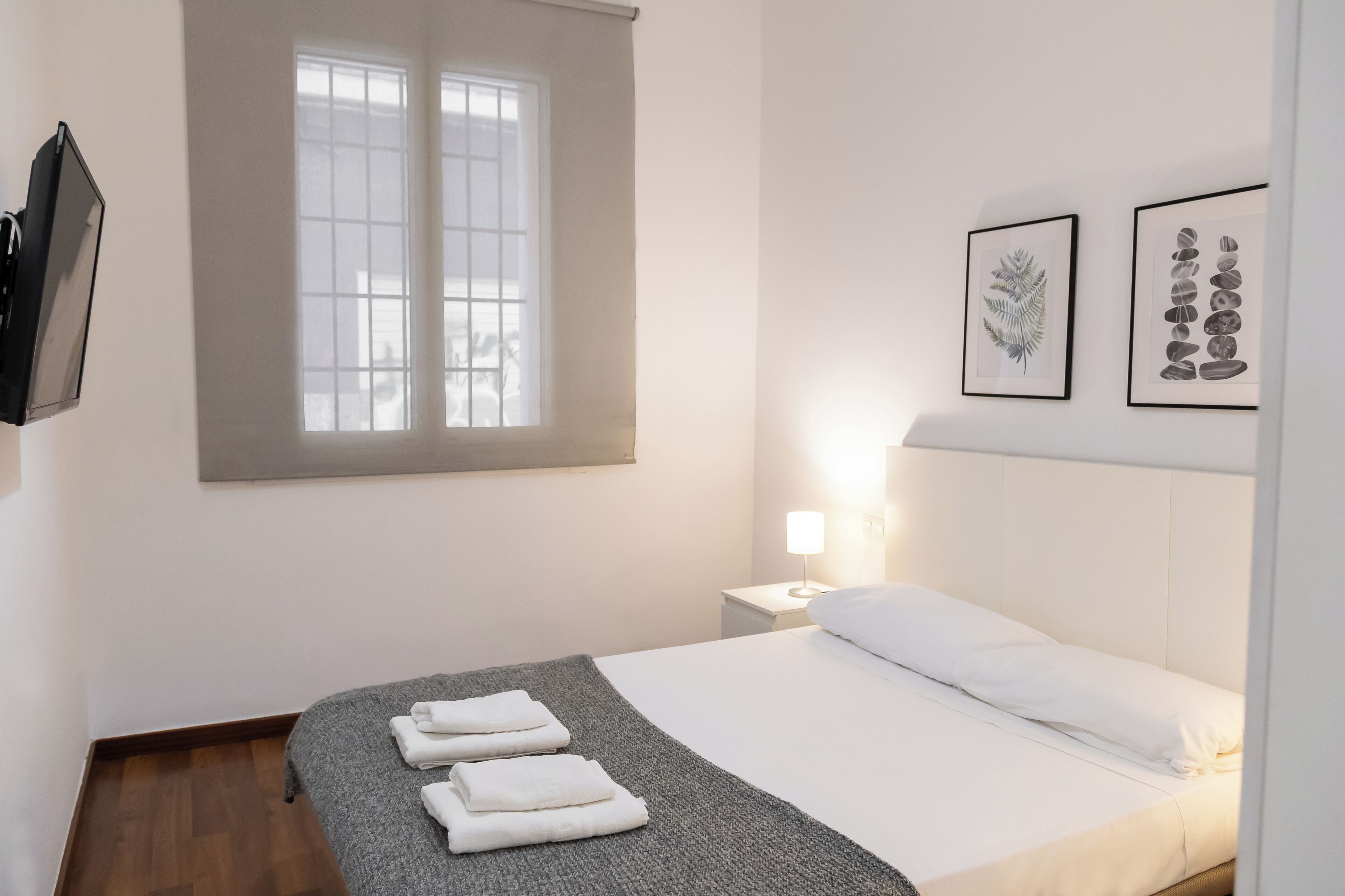 A hotel room with a bed, a window, a wall-mounted TV, and framed botanical prints.