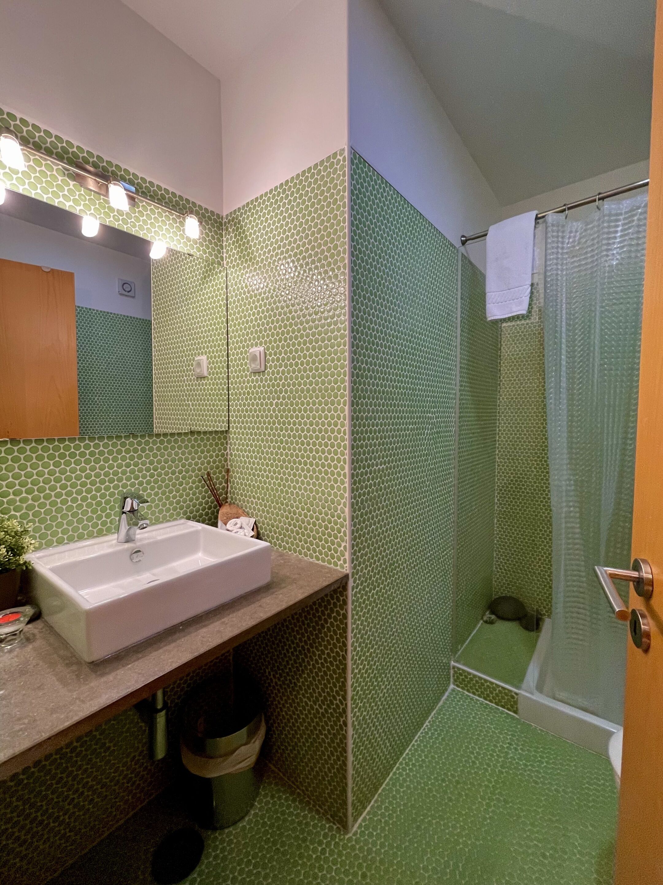 Un baño con lavabo, espejo y ducha.