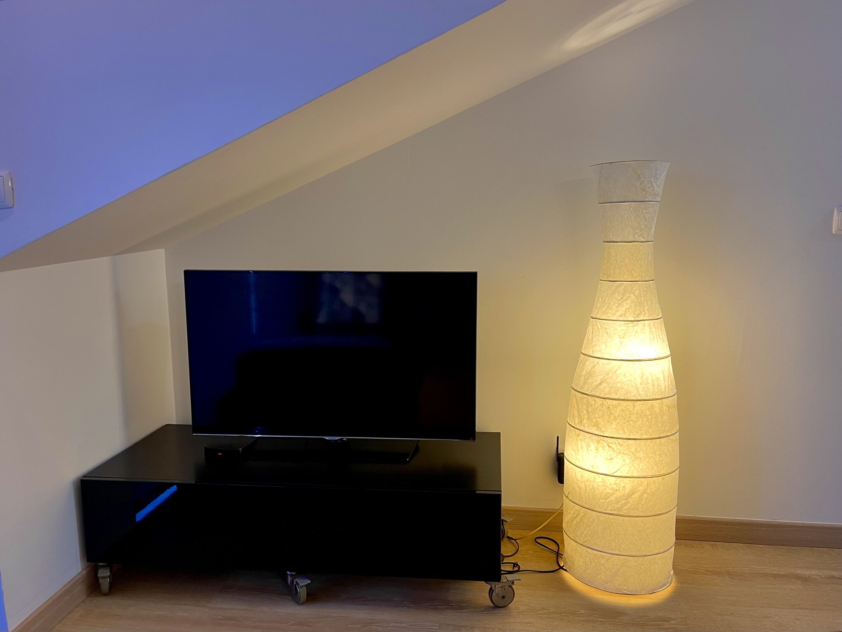 Een kamer met een flatscreen televisie op een zwarte standaard, een hoge, cilindrische lamp en een houten vloer.