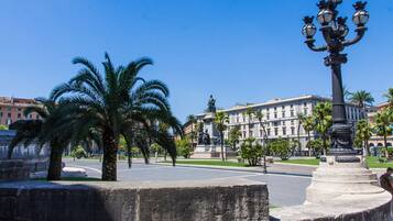 A public square with a statue, palm trees, and a building in the background.