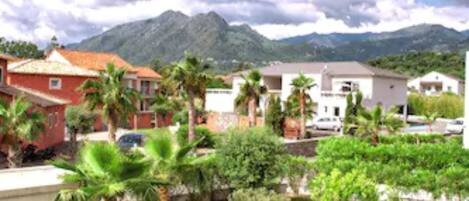 A residential area with houses, palm trees, and a mountain in the background.