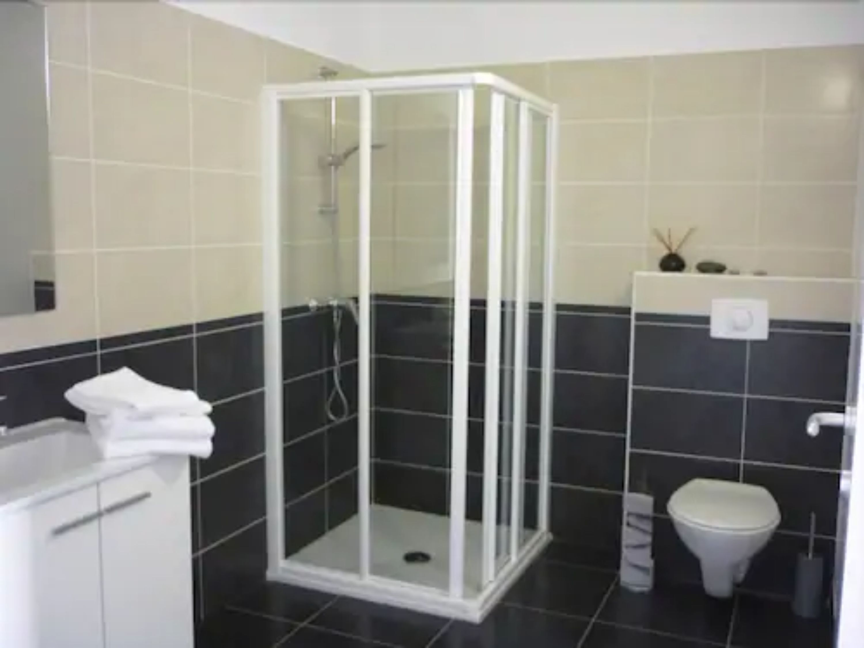 Un baño con ducha de vidrio, inodoro blanco y lavamanos con toallero.