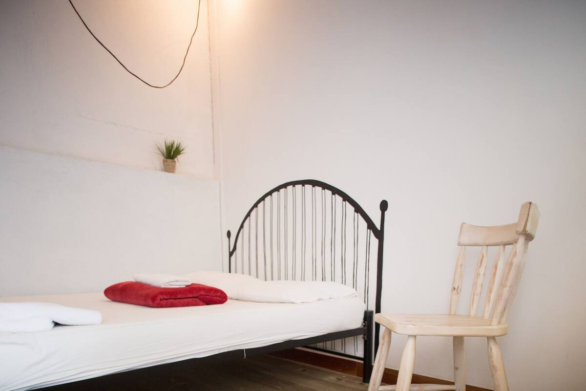 Un lit simple avec un cadre en métal noir, une chaise en bois, une petite plante en pot et un luminaire fixé au mur.