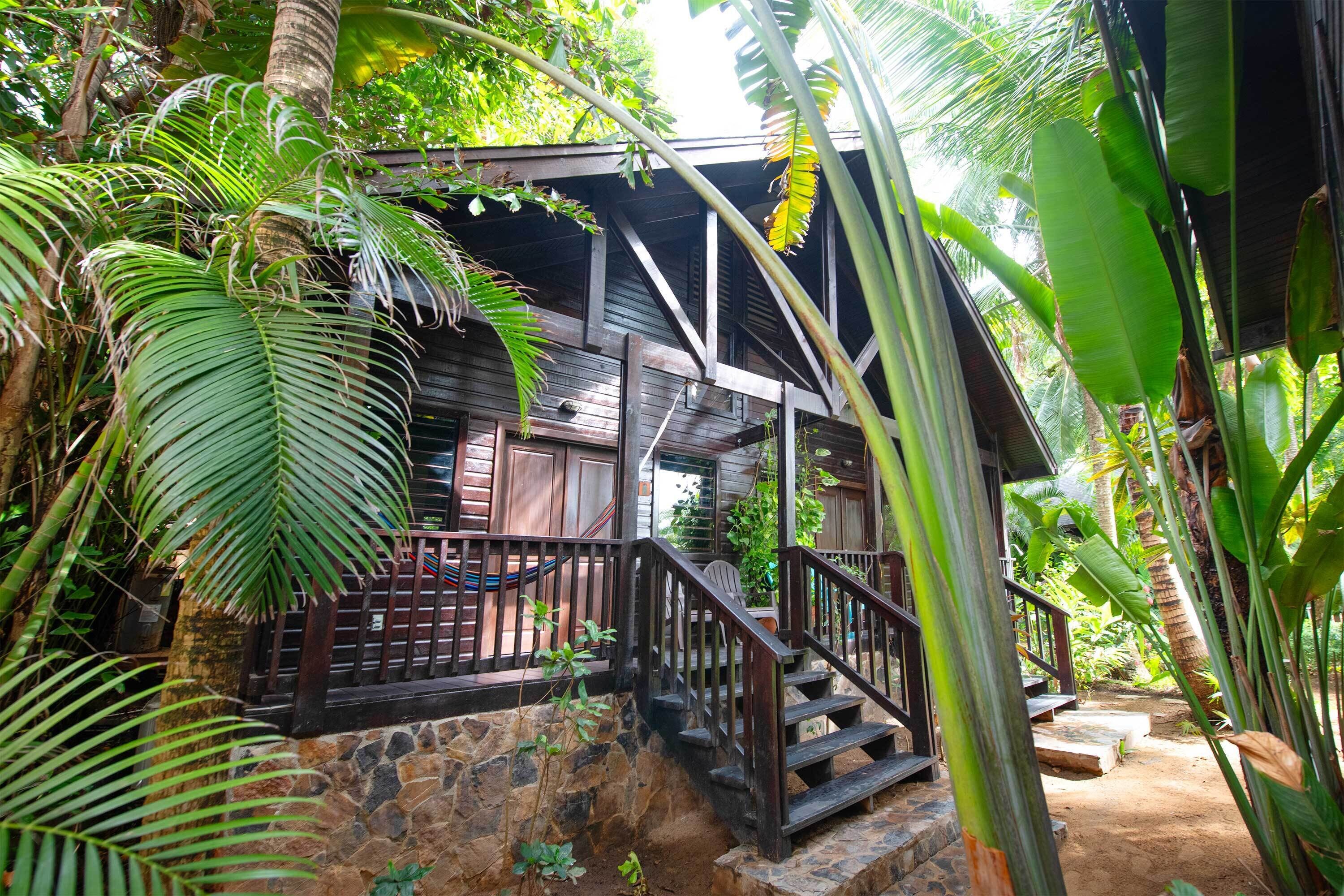 A wooden house with a stone staircase and a wooden railing, surrounded by lush tropical foliage.