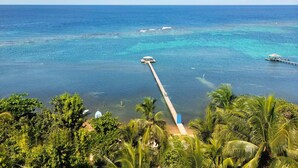 Une plage tropicale aux eaux turquoise et limpides, une jetée en bois et une végétation luxuriante.