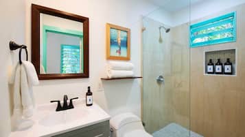 A modern bathroom with a glass-enclosed shower, a white sink with a mirror above it, and a framed picture on the wall.