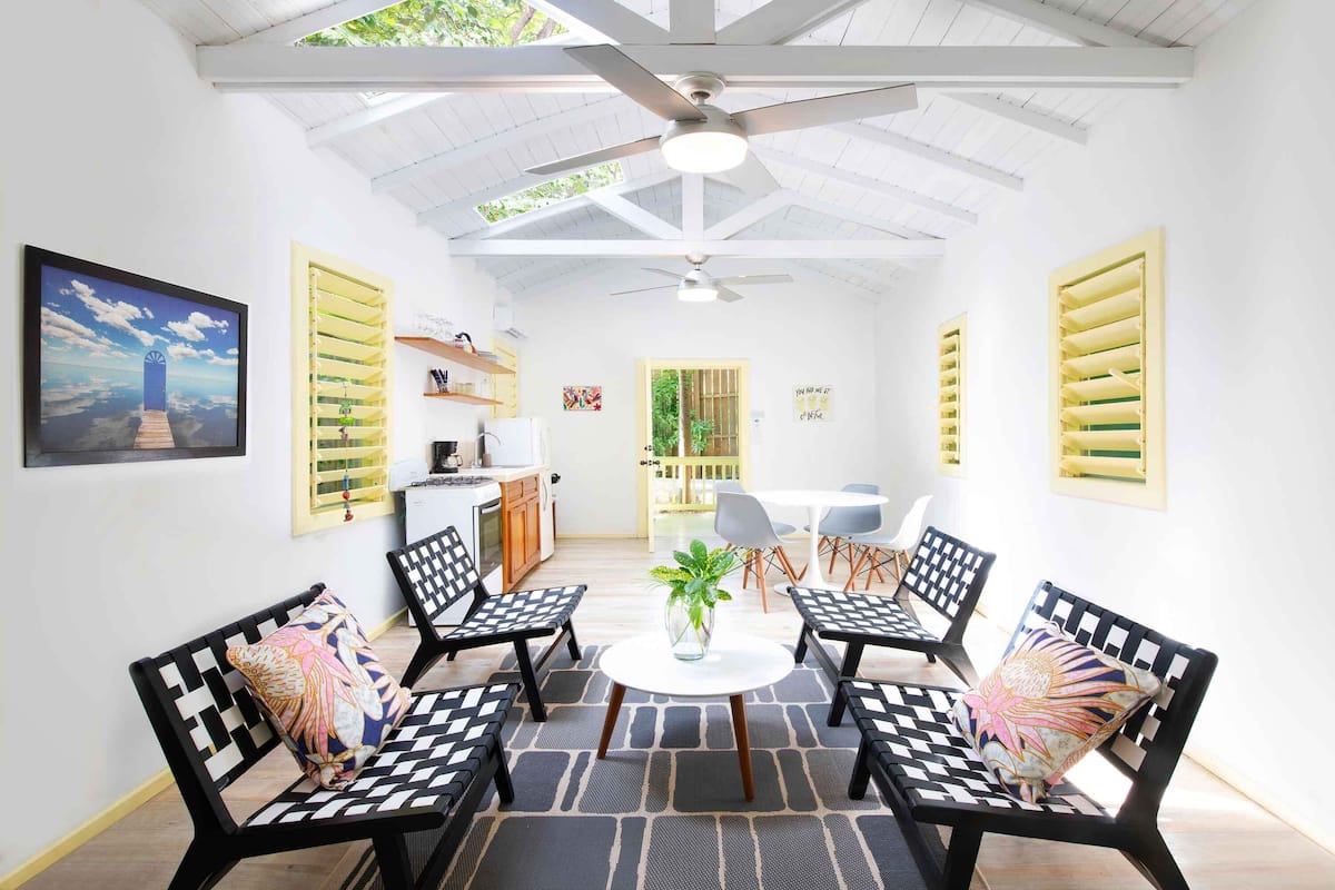 A room with a ceiling fan, a table with chairs, a plant, and a painting on the wall.