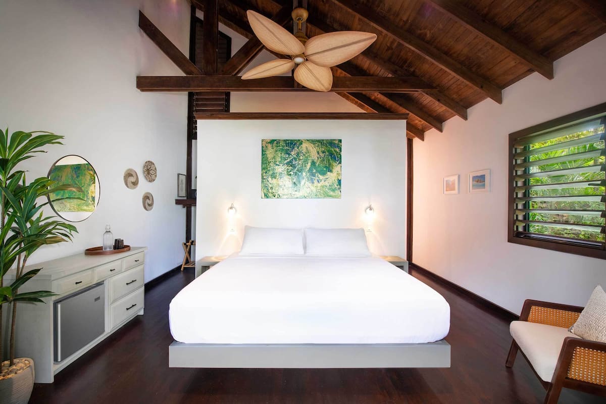 A modern bedroom with a large bed, a ceiling fan, a potted plant, and a view of greenery through a window.