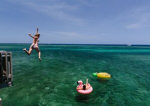 A person jumping into the water from a dock, with clear turquoise water and a boat in the distance.