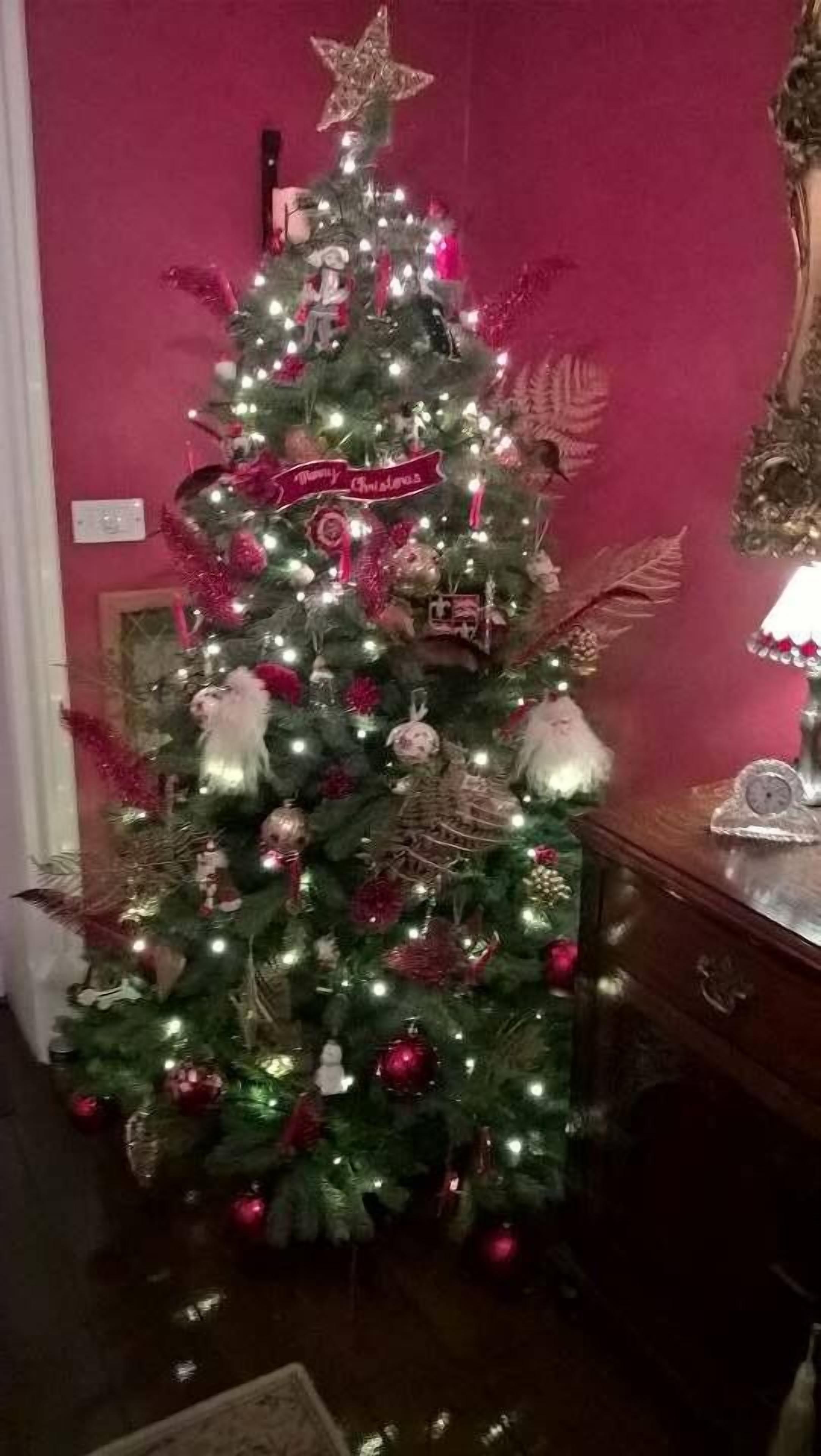 A Christmas tree with lights and ornaments, set against a pink wall.