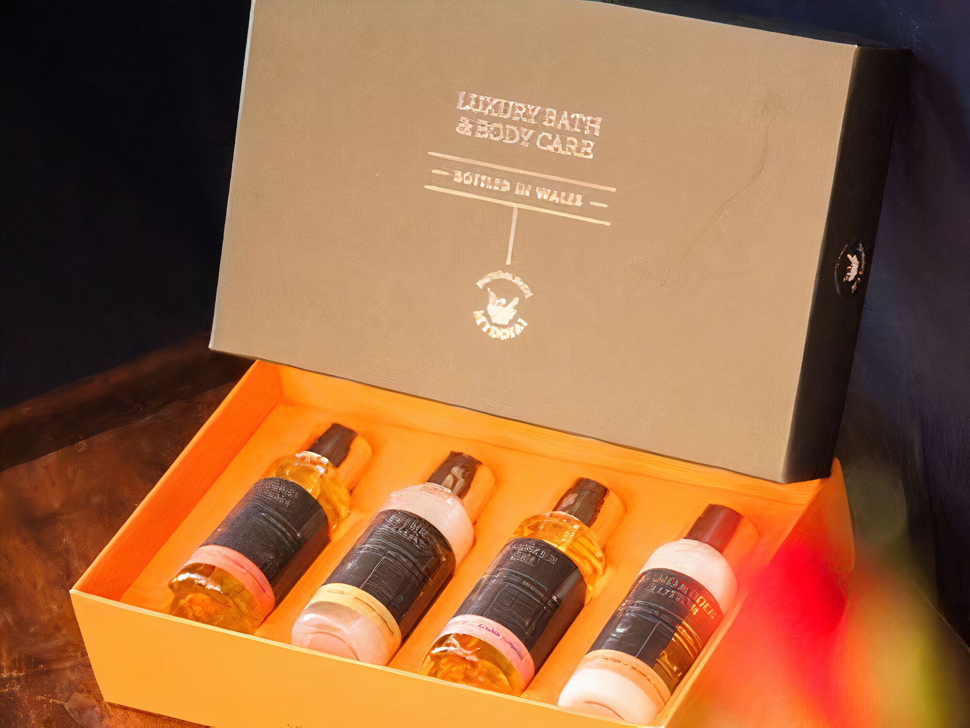 A luxury bath and body care box with four bottles.