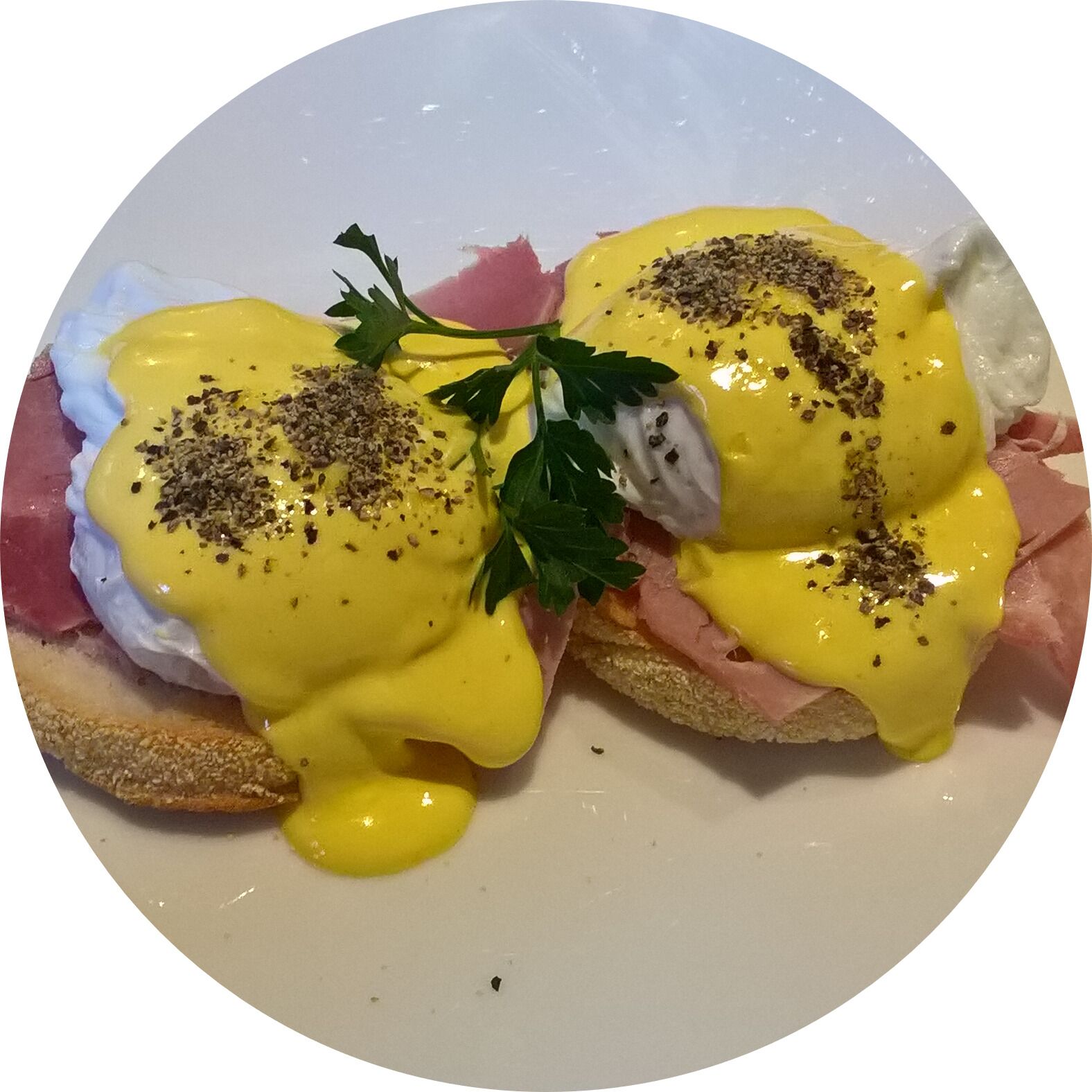 A plate with eggs benedict, including ham, poached eggs, and hollandaise sauce, garnished with parsley.