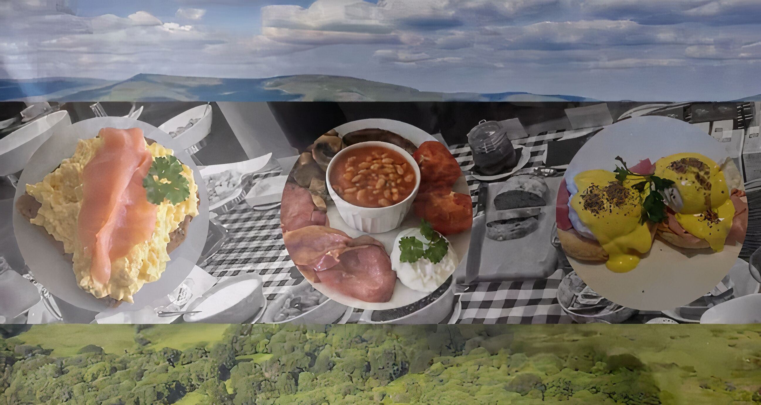 A table with breakfast items including eggs, beans, sausages, and a plate with a green sauce and meat.
