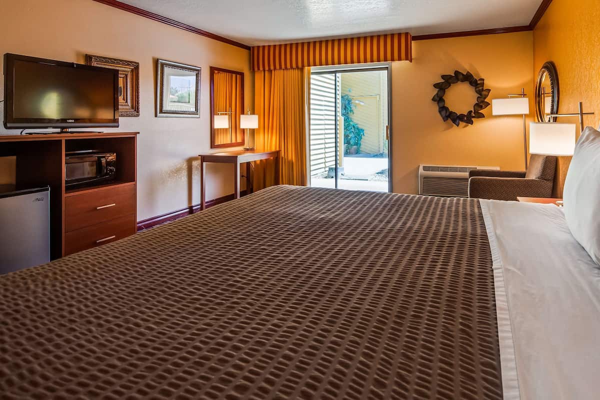 A hotel room with a large bed, a desk with a chair, a television, and a view of the outdoors through a sliding door.