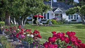 Une maison avec une pelouse bien entretenue, un parasol rouge et diverses plantes en pot.