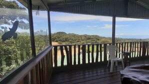 A covered outdoor area with a wooden deck, a white plastic chair, and a cow. - Hostel La Suerte (Monteverde)