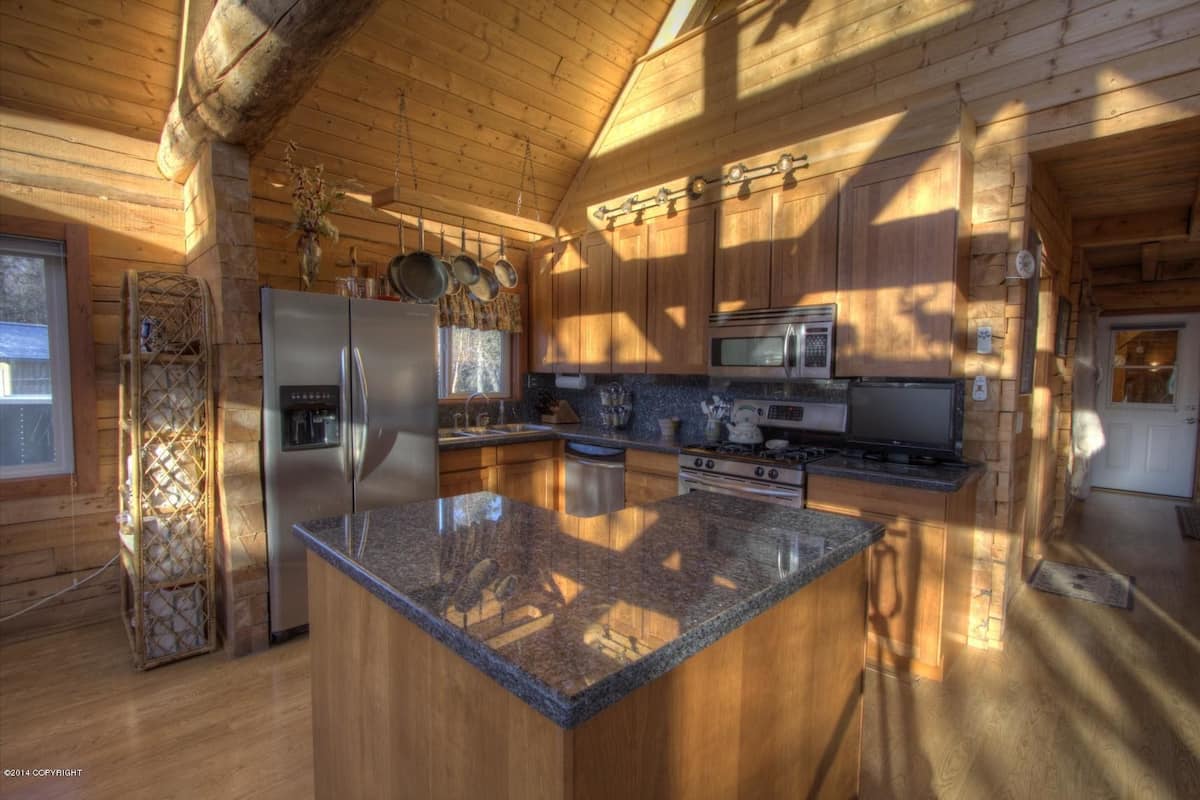 Main Log Home | Private kitchen | Coffee/tea maker, full-size fridge, microwave, stovetop
