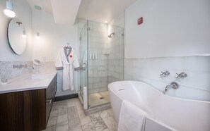 Shower, designer toiletries, hair dryer, bathrobes