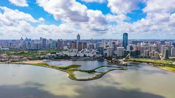 Un paisaje urbano con rascacielos, un parque central con un lago y un cielo despejado.