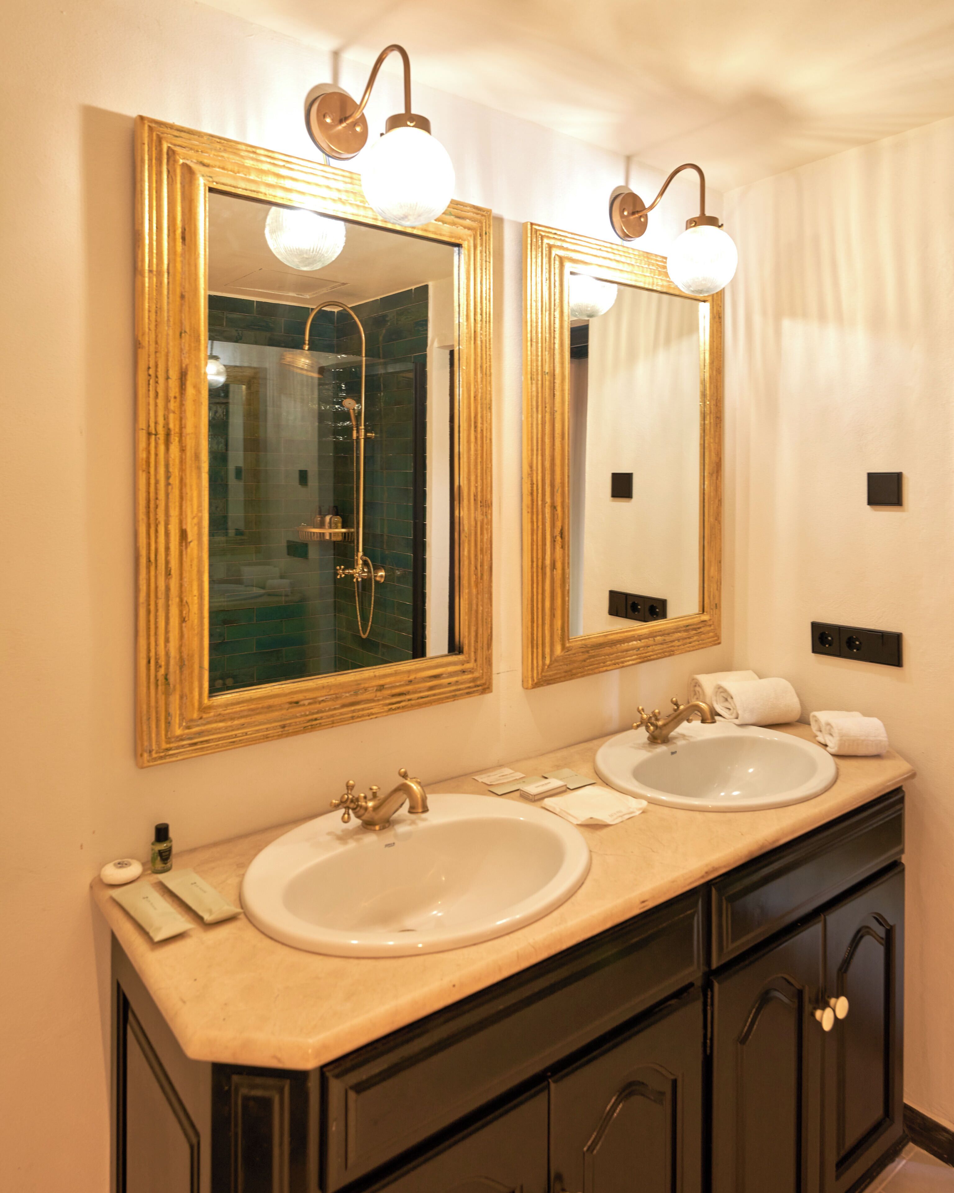 Shower, rainfall showerhead, hair dryer, bathrobes