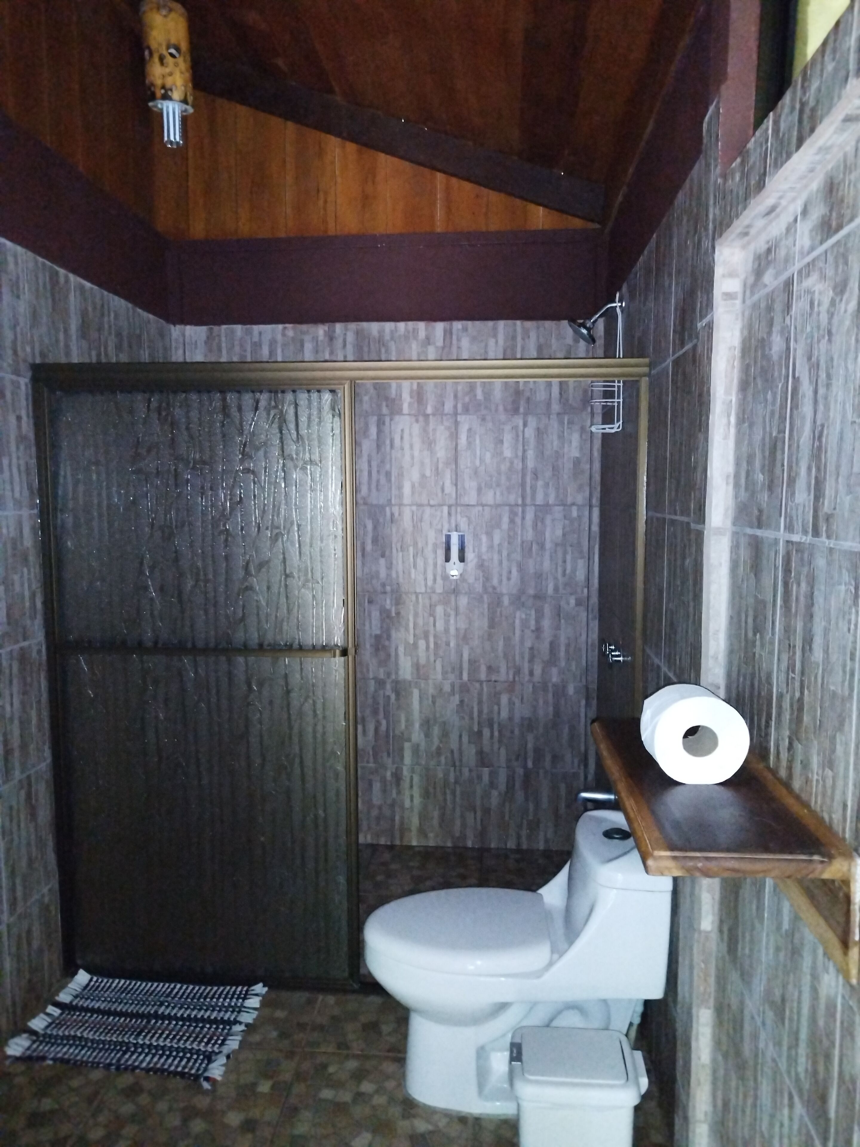 A small, compact bathroom with a wooden shower enclosure, a toilet, and a shelf with a roll of toilet paper.
