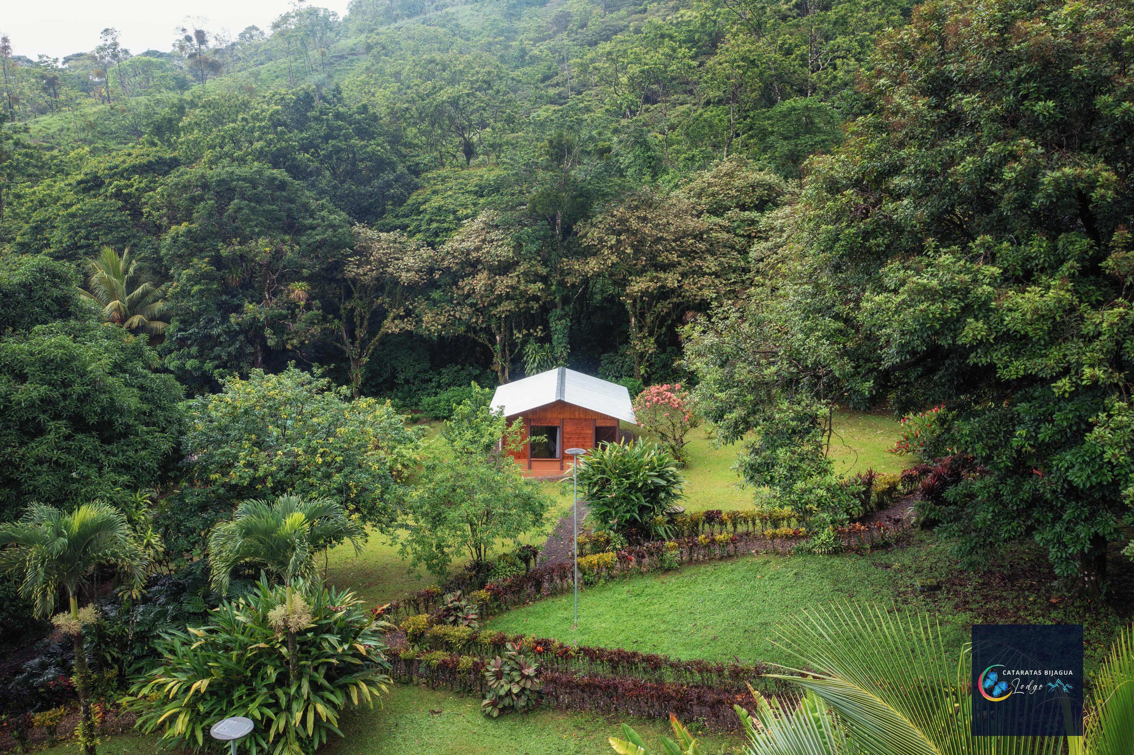 Una pequeña casa rústica rodeada de abundante vegetación y un jardín cuidado.