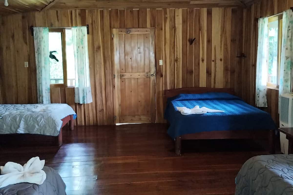 A wooden room with two beds, a ceiling fan, and a door.