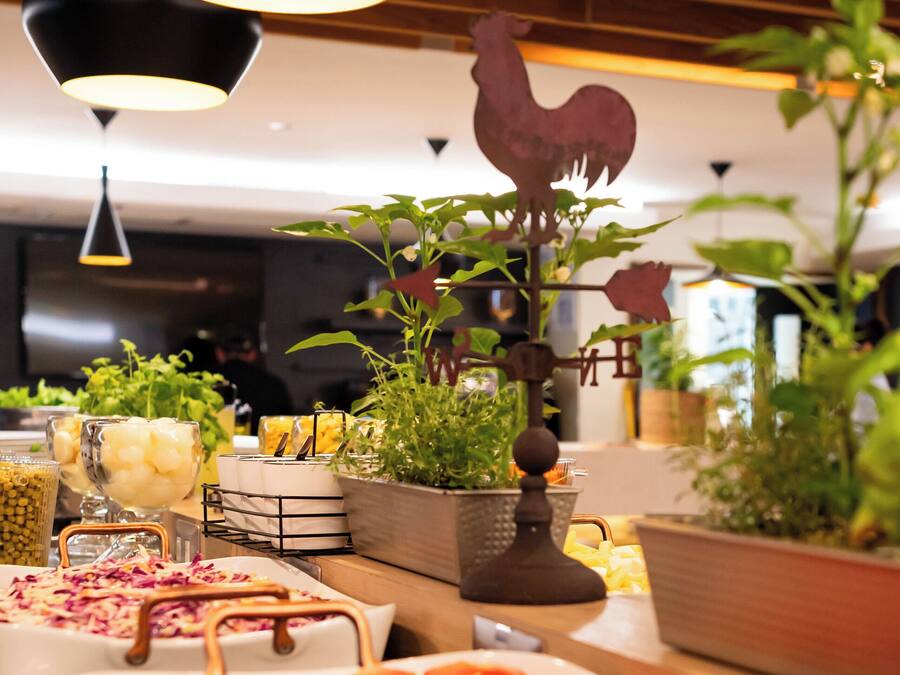 Montaje de bufé con diferentes opciones de comida y elementos decorativos.