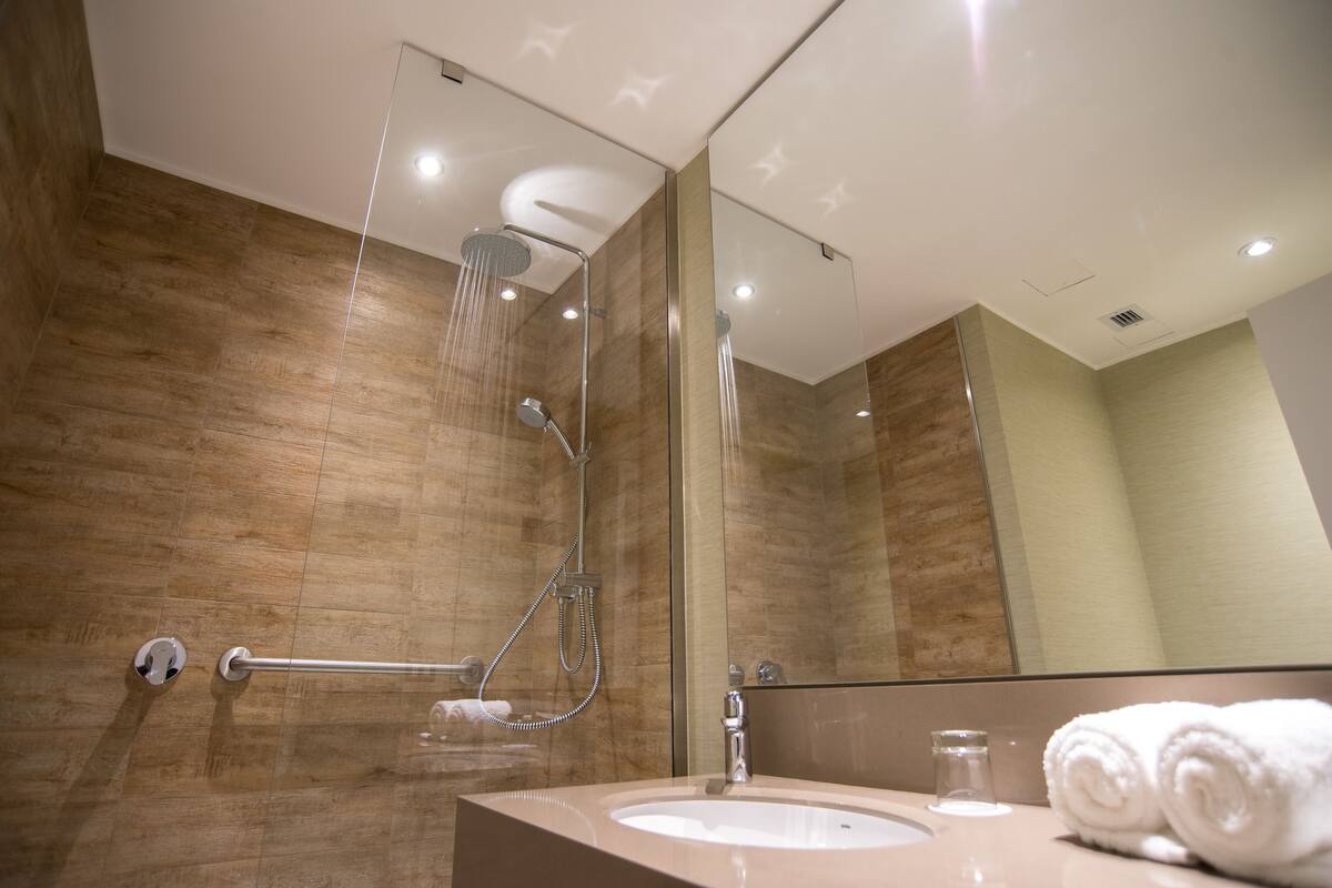 shower, eco-friendly toiletries, hair dryer, towels