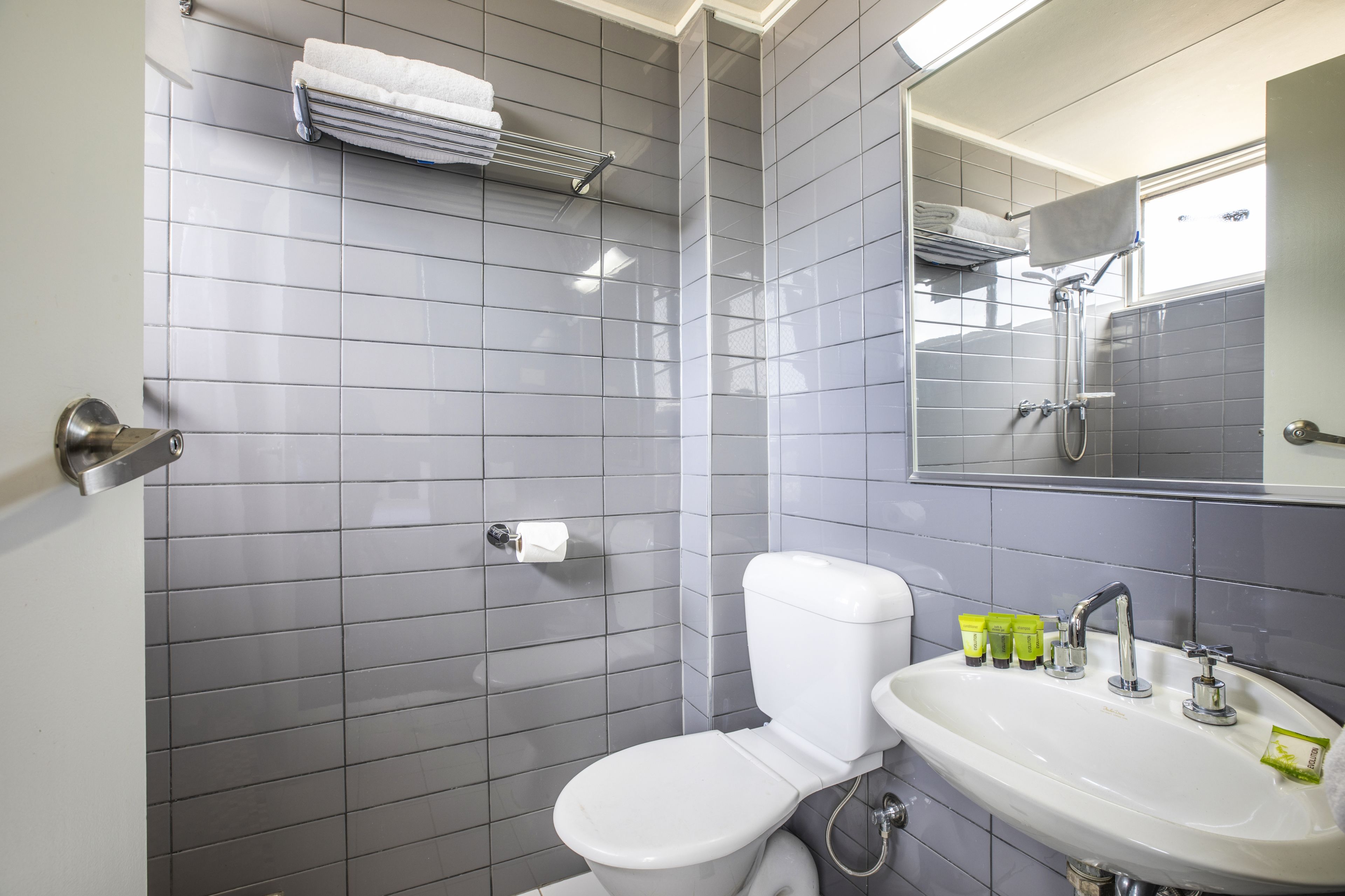 Un baño con inodoro, lavamanos y ducha.