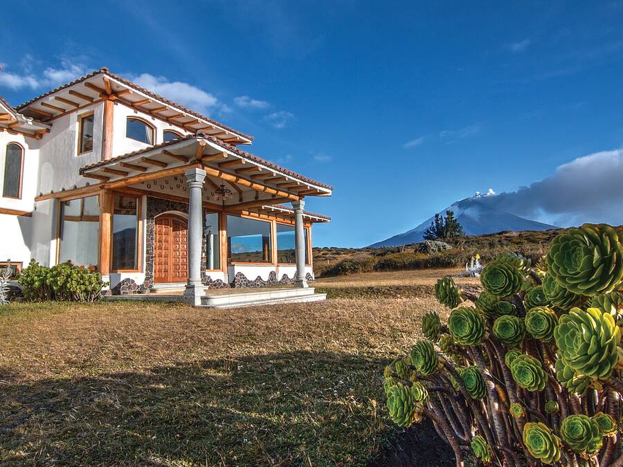 A two-story house with a covered porch, a mountain in the background, and a succulent plant in the foreground.