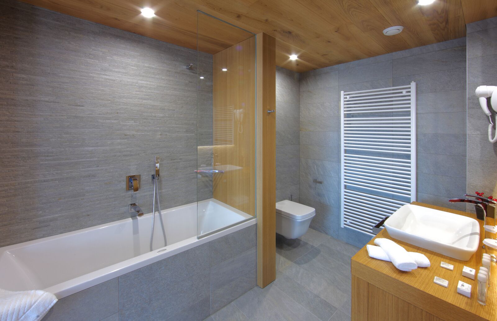 free toiletries, hair dryer, slippers, towels