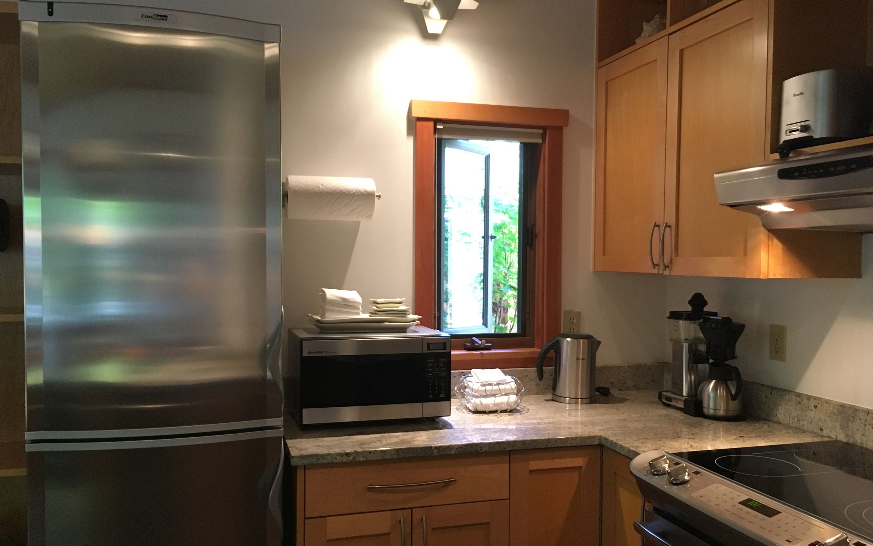 Una cocina moderna con electrodomésticos de acero inoxidable, armarios de madera y un ventanal con vistas a zonas verdes.