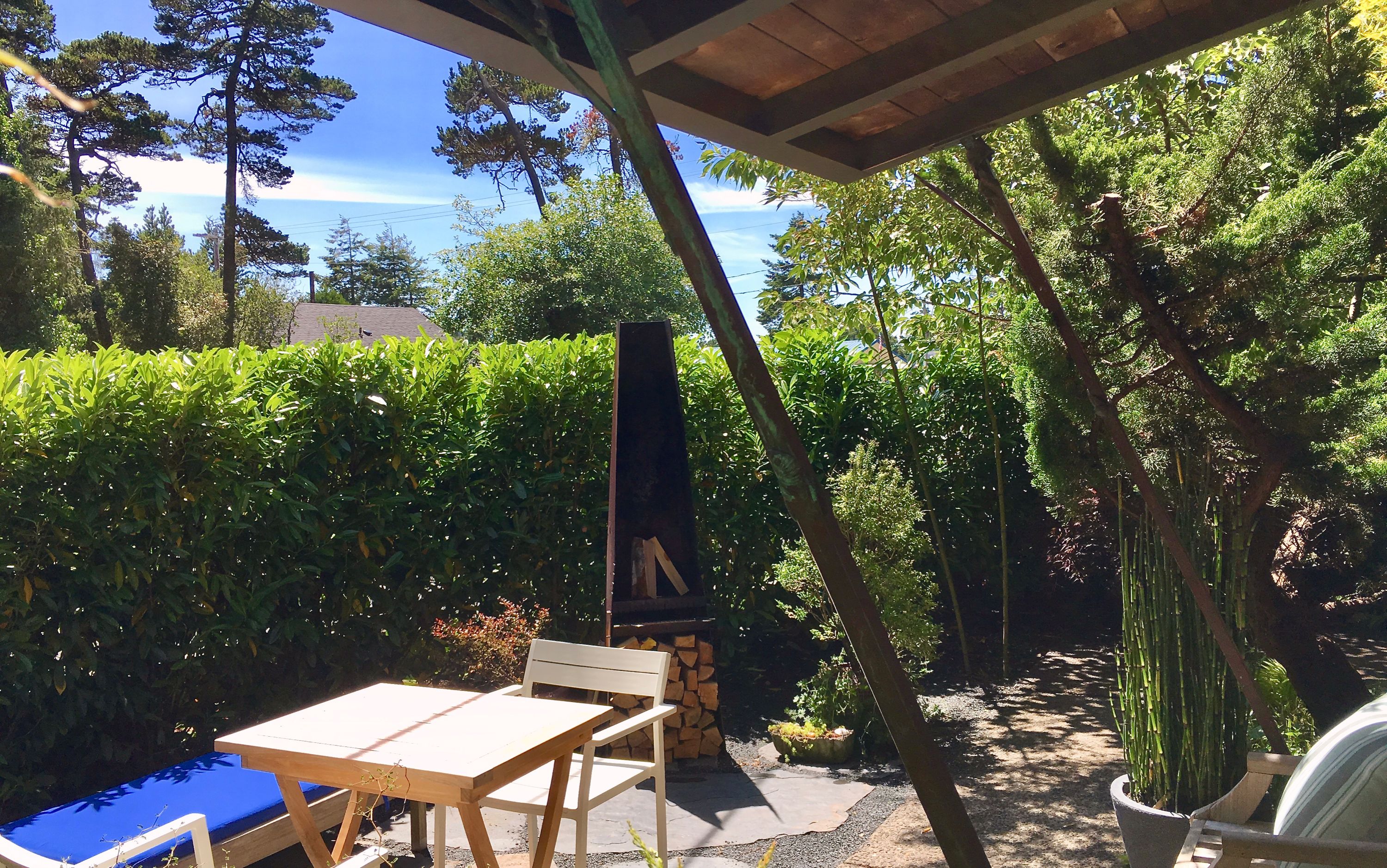 Un espace patio aménagé avec une table et des chaises, entouré d’une végétation luxuriante et agrémenté d’une pergola.