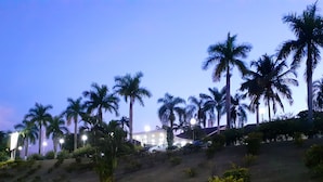 A landscaped area with palm trees and a building with illuminated windows. - Rio Claro Plaza Hotel (Rio Claro)