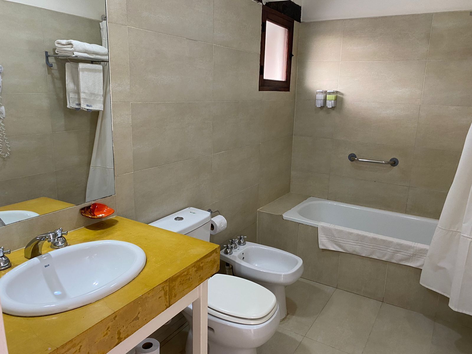 combined shower/bathtub, free toiletries, hair dryer, bidet