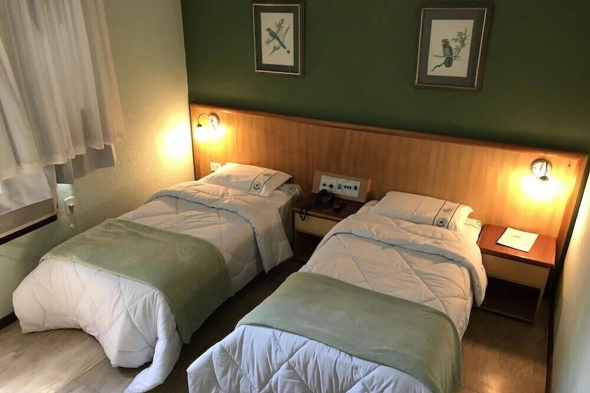 Two single beds with headboards, bedside tables, and wall-mounted lamps in a room with a wooden floor and green walls.