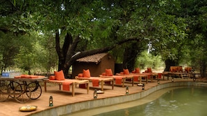 A serene outdoor spa area with wooden loungers and a small hut, surrounded by lush greenery and a calm pool.