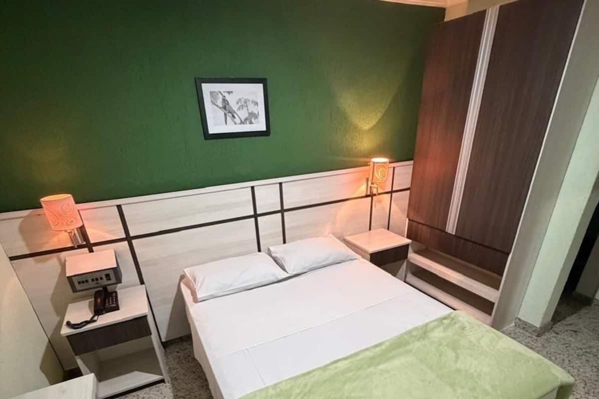Ein Hotelzimmer mit einem Bett, Nachttischen, einem Schreibtisch, einem Sessel, einer grünen Wand, einem gerahmten Bild und einem Kleiderschrank.
