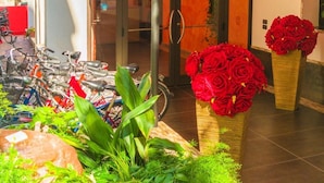 Entrada de hotel con puerta de cristal, una fila de bicicletas y dos grandes arreglos florales.
