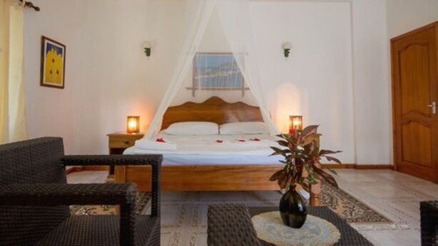 Un dormitorio con cama de madera, ropa de cama blanca, dosel, dos lámparas de noche, planta en maceta y una silla de mimbre.