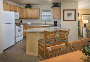 Full-size fridge, microwave, oven, dishwasher