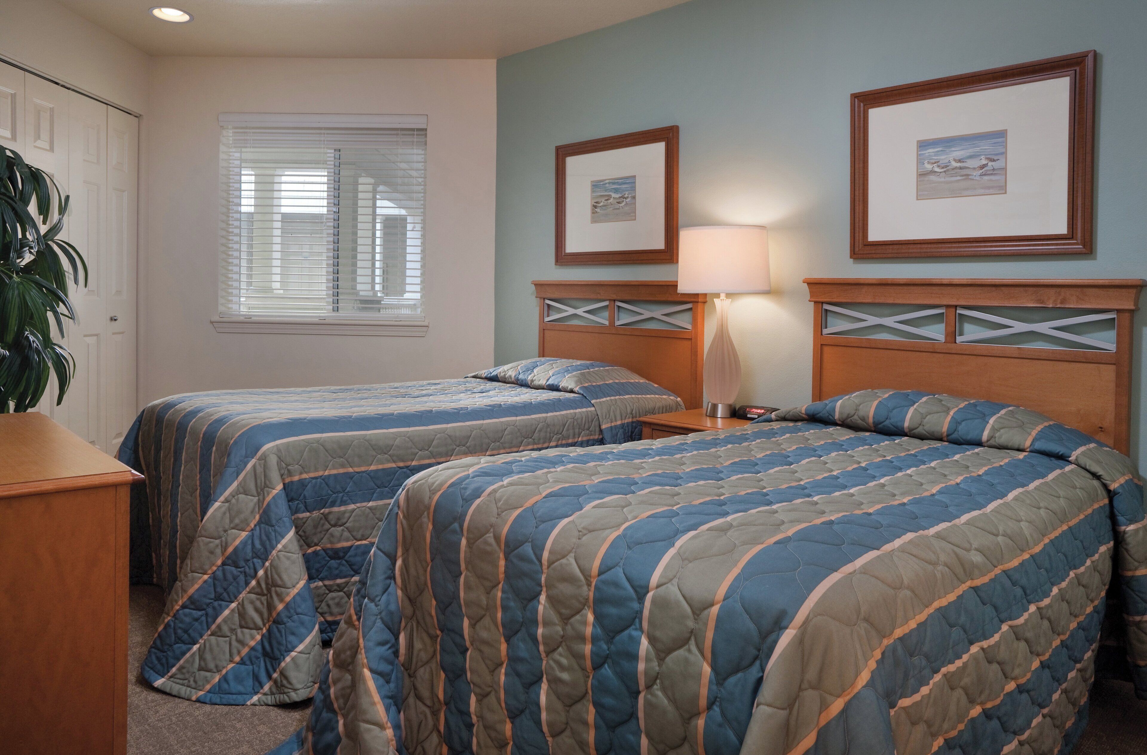 A room with two beds, a nightstand, a lamp, and framed pictures on the wall.