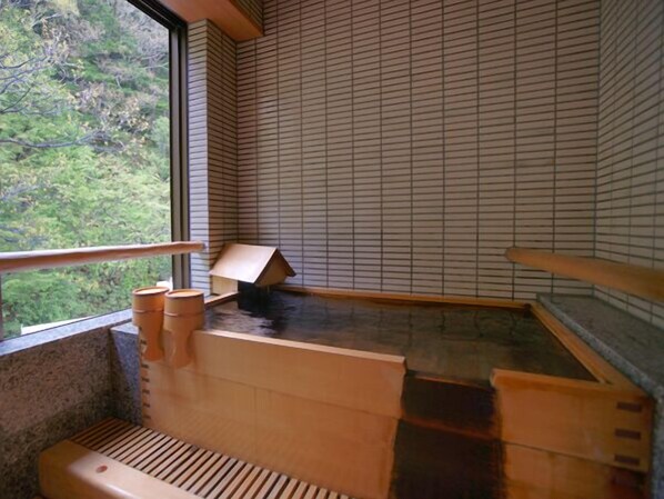 Un onsen japonés tradicional con bancos de madera y vistas a la vegetación circundante.
