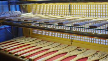 Una vitrina que contiene varias palas de madera, algunas con inscripciones.