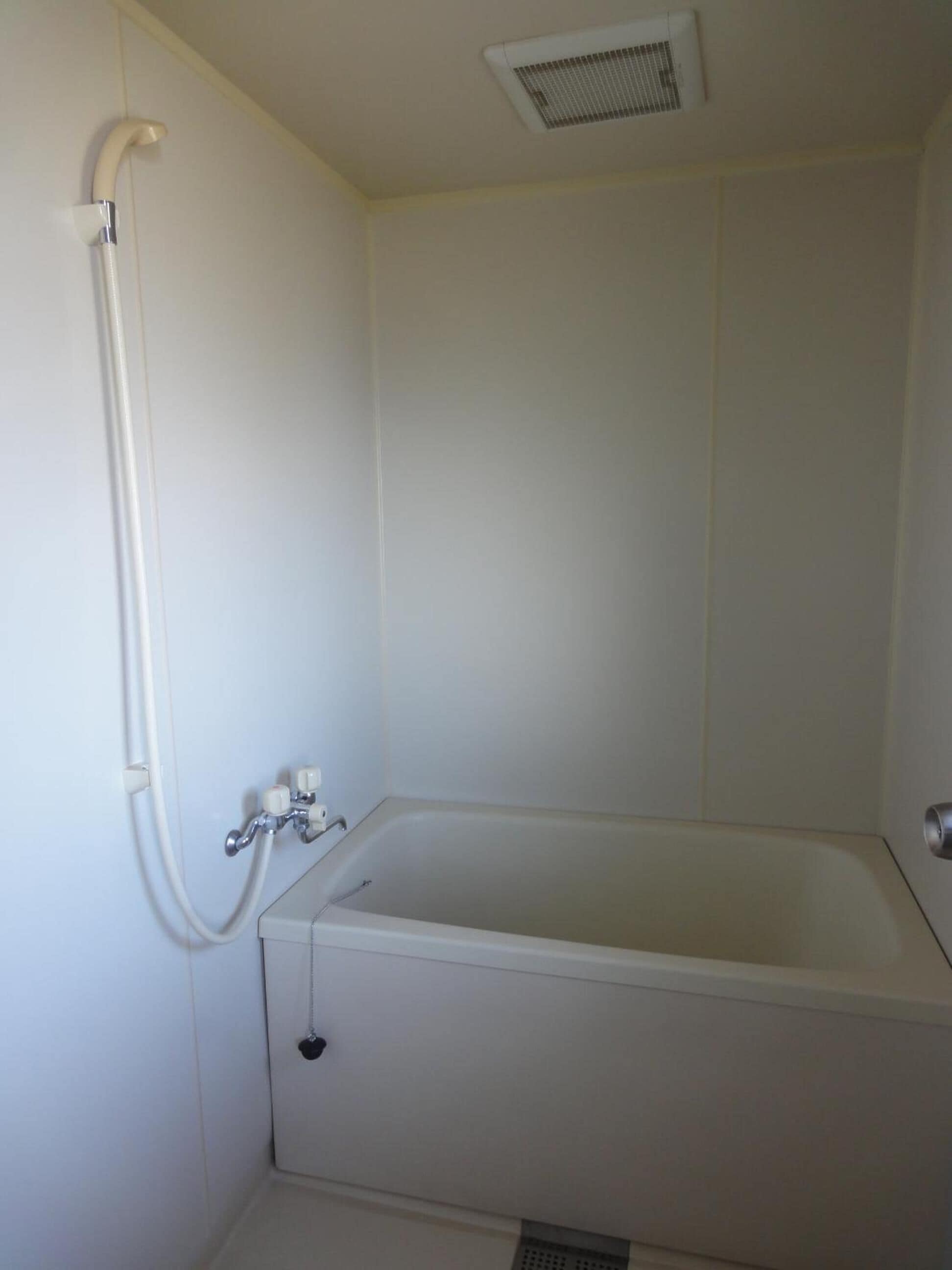 A standard white bathroom with a bathtub, a shower, and a ceiling vent.