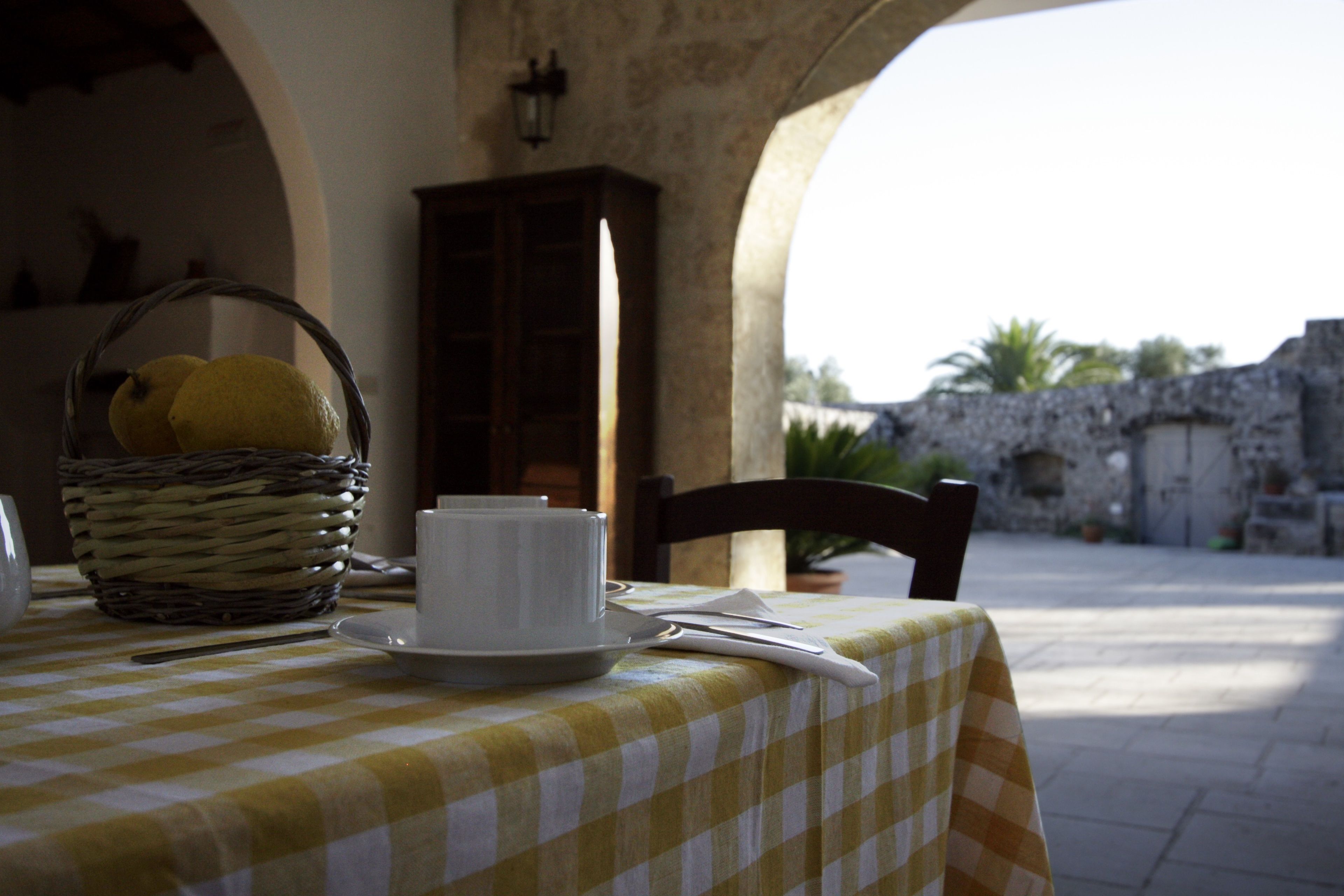 A table set with a checkered tablecloth, a basket with lemons, a white cup, and a plate.
