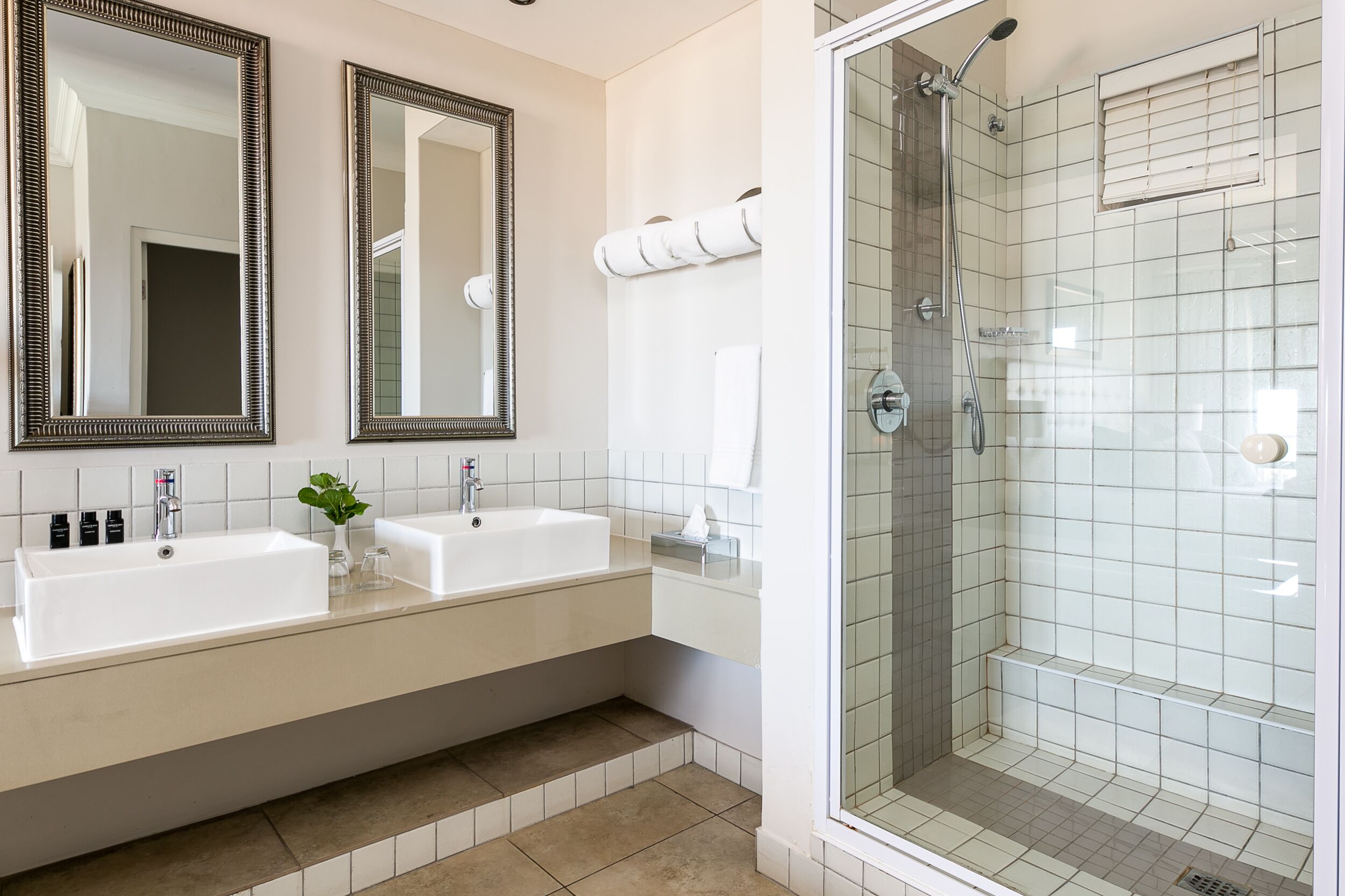 A modern bathroom with two sinks, a large mirror, and a glass-enclosed shower.