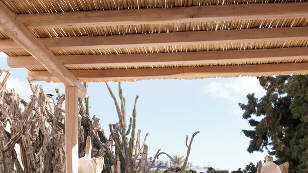 Un espacio al aire libre con mesa de madera y sillas blancas, rodeado de elementos naturales y vistas a edificios.