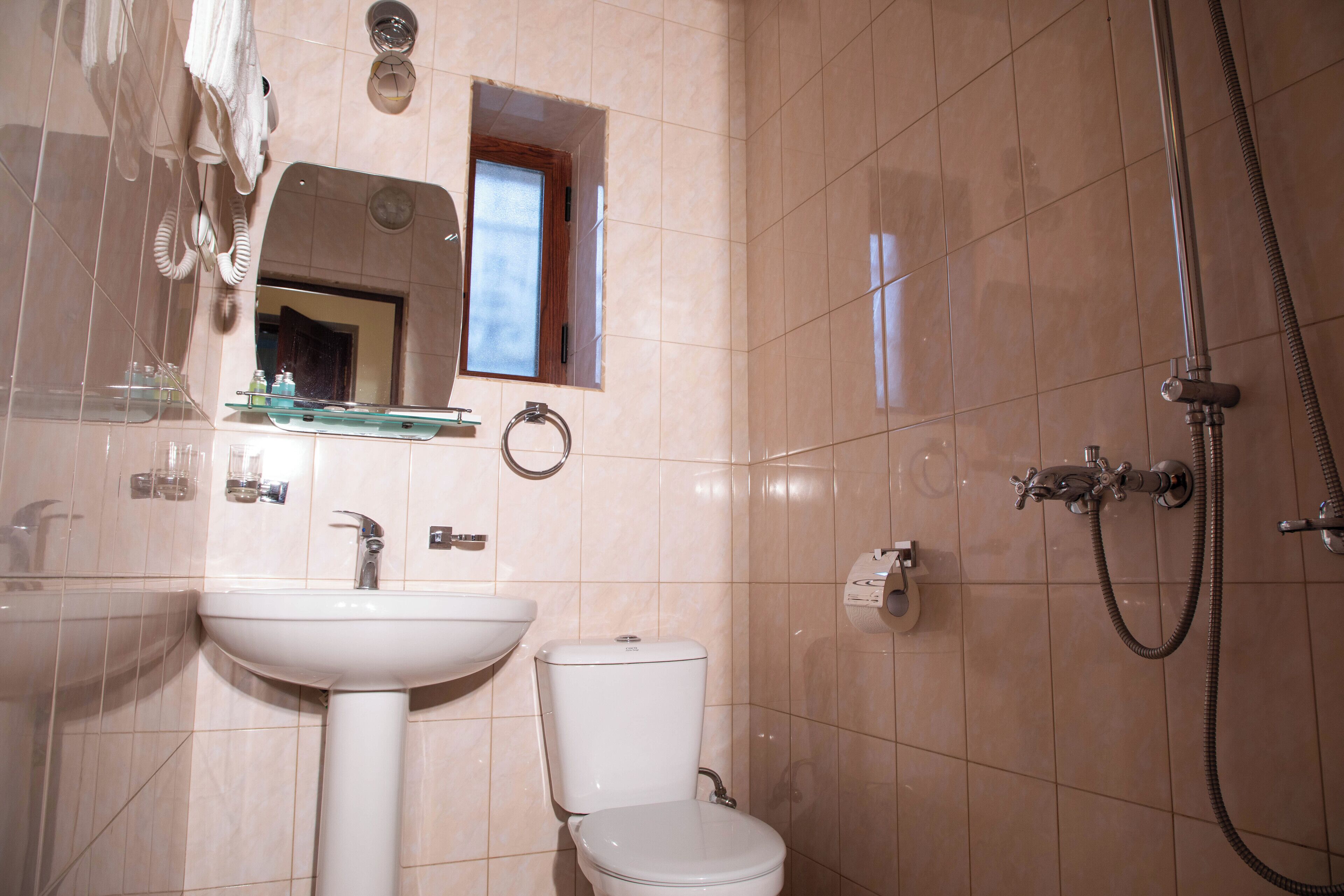 A bathroom with a sink, toilet, and a shower.